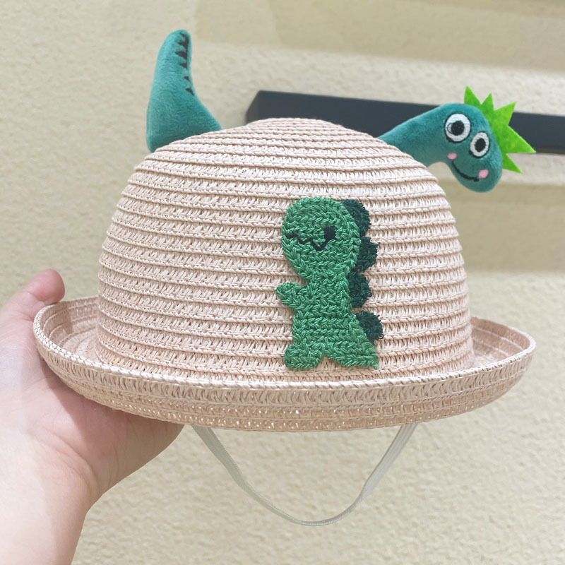 Cute Children's Straw Hat Children's Summer Korean Style Sun-Proof Baby Sun Hat Boy Dinosaur Cartoon Bucket Hat