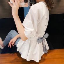 网红设计感后背系带蝴蝶结白衬衫女夏季新款韩版气质修身短袖上衣