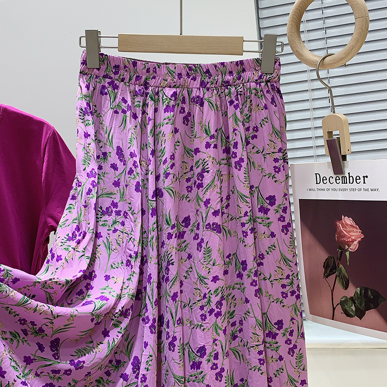 碎花裙女2022新款夏装松紧腰褶皱中长款大摆裙紫色碎花半身裙1088