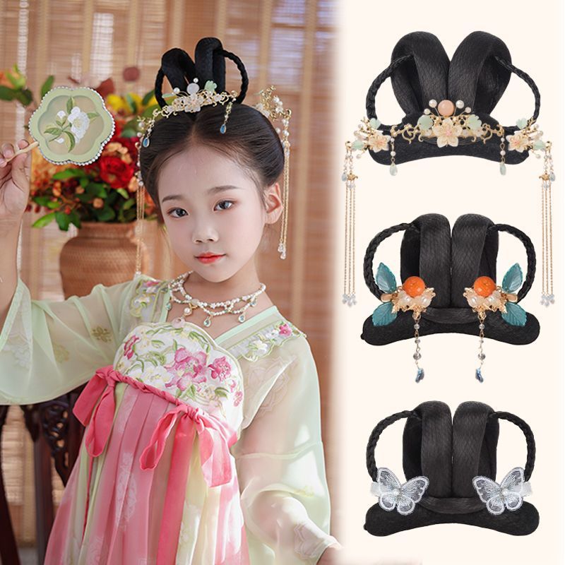 儿童汉服假发古装女童舞台演出可爱软发髻古风头饰日常盘发垫发包