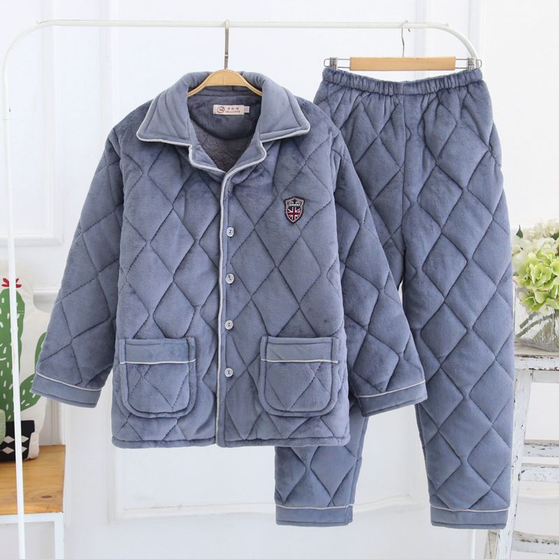 Pajamas Men's Winter Fleece-lined Thickened Flannel Three-Layer Quilted Men's Thermal Cotton-Padded Clothes Cotton-Padded Jacket Men's Home Clothes Suit