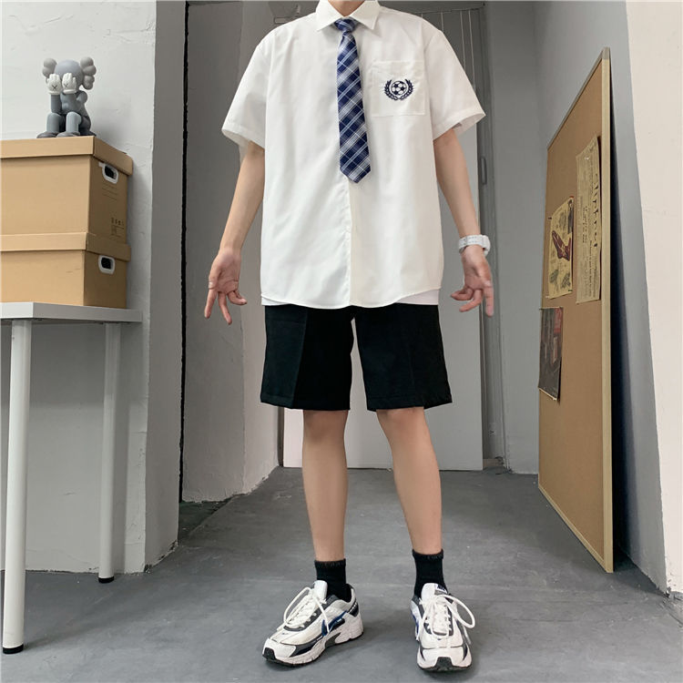 dk制服女领带夏季白色衬衣原创刺绣jk学院风班服情侣短袖衬衫套装