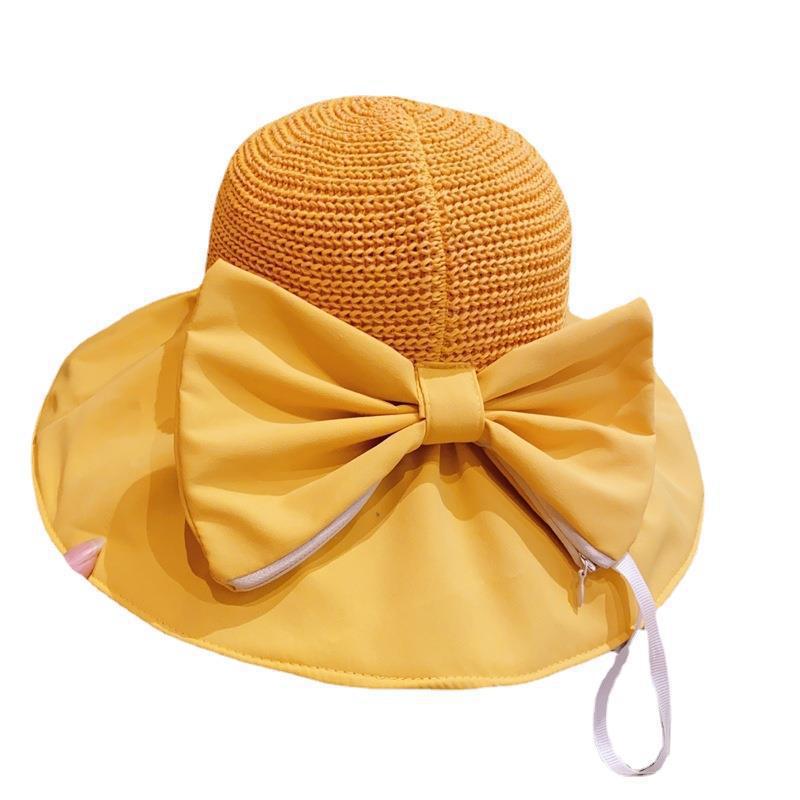 Summer Vinyl Sun Protective Hat Women's Foldable Hollow Bow Wide Brim Bucket Hat Outdoor Sun Hat