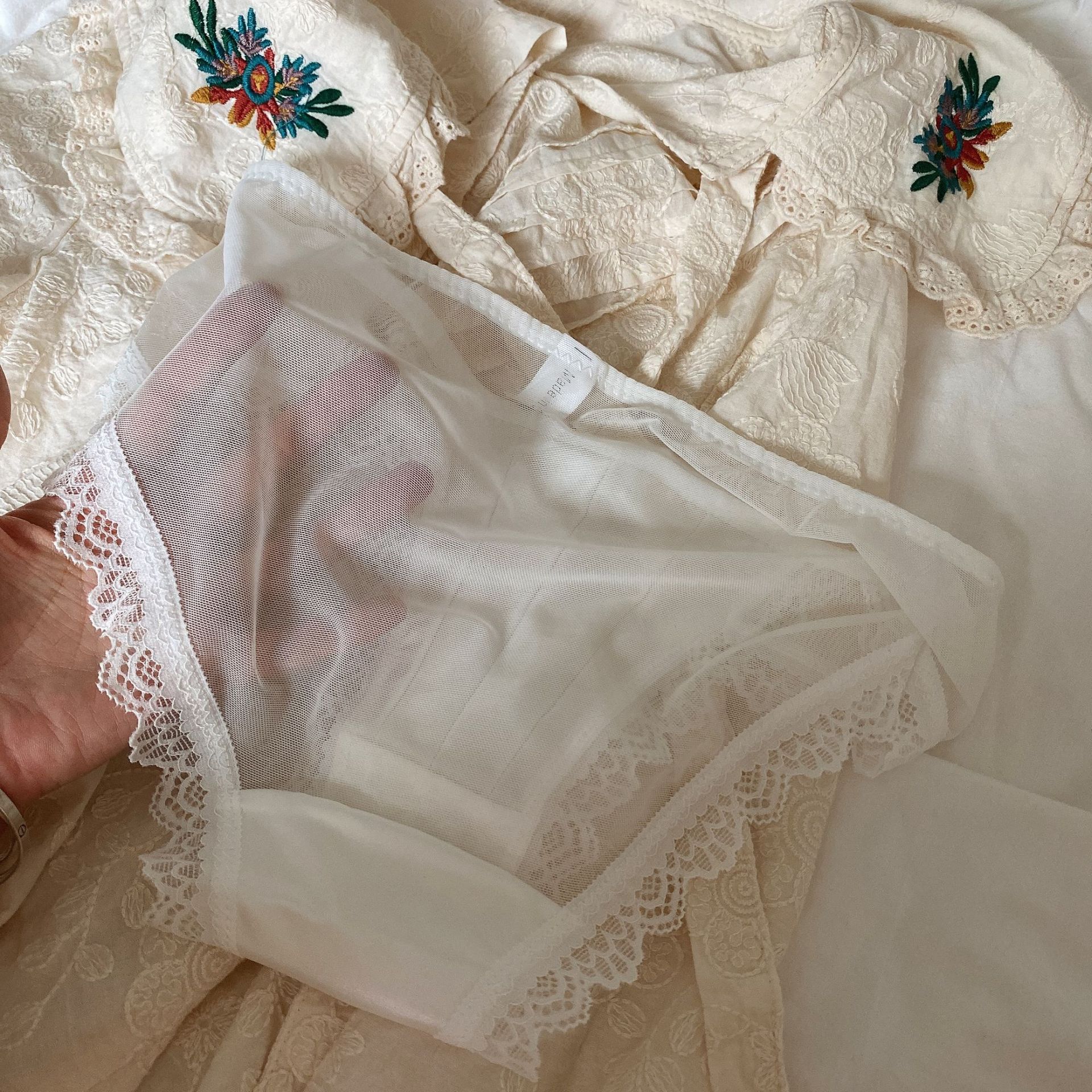 White Moonlight Glaze ~ French Style Vintage Satin Underwear Women's Sexy Pure Desire Lace Mid Waist Mesh Briefs Thin