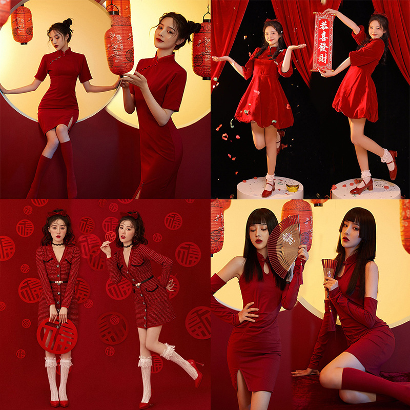 影楼新款红色新年主题写真拍照旗袍中国风少女复古旗袍艺术照服装