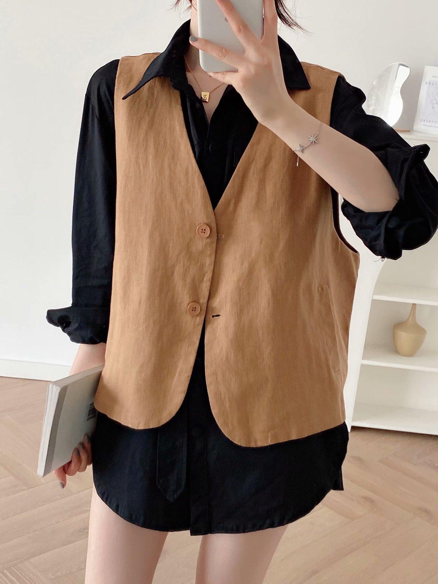 上衣夏季新品坎肩薄款无袖纯色休闲亚麻马夹洋气女士背心马甲