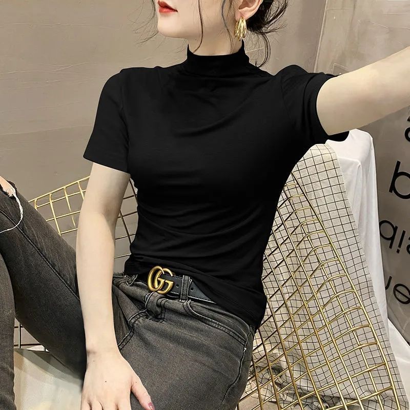 Yxbb Half Turtleneck Short Sleeve Bottoming Shirt Women's Spring and Summer All-Match T-shirt Temperament Half Sleeve Black Tight Trousers Top Vest