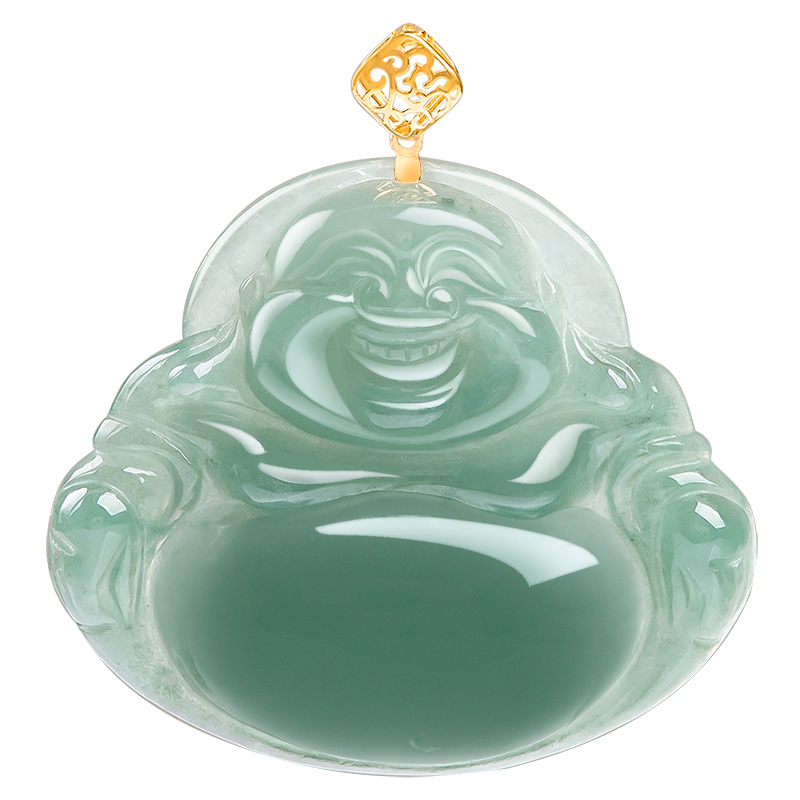 18K Gold Inlaid Natural Myanmar Fake Jadeite Oil Green Buddha Maitreya Buddha Pendant Necklace Ice Jade Pendant for Women