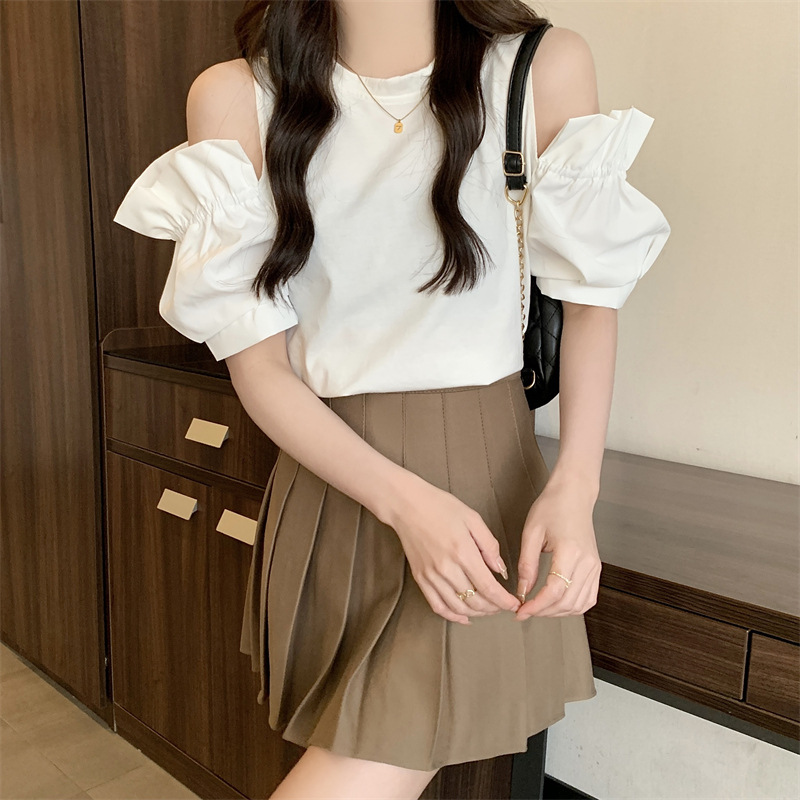 2023 Summer New Korean Style Short Sleeve T-shirt Women's off-Shoulder Fresh Sweet Ruffle Sleeve Casual Hong Kong Style Shirt