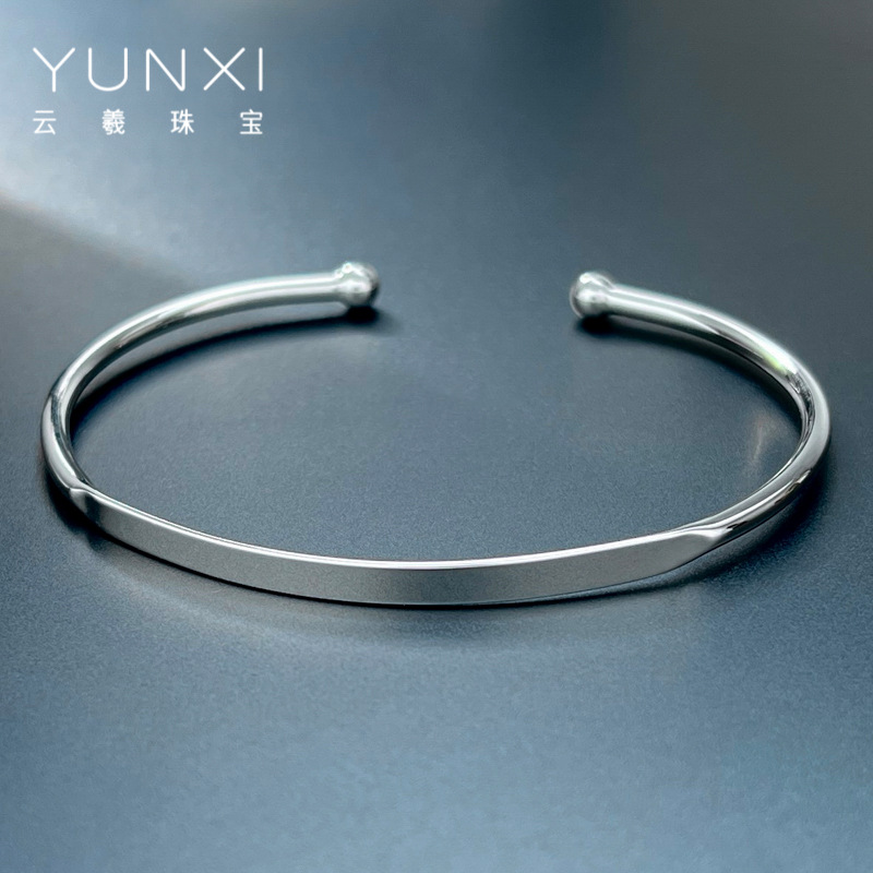 s925银手镯极简风光面细款轻巧线条手镯休闲百搭女都市简约银镯子