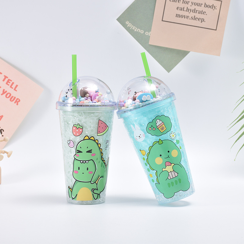 Creative Cartoon Double-Layer Cup with Straw Little Dinosaur Student Crushed Ice Cup Cute Portable Children Plastic Cup