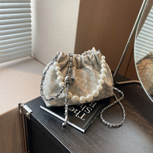 韩国直邮 代购 香奈儿chanel 复古双c 珍珠链条水桶包斜挎包 黑色