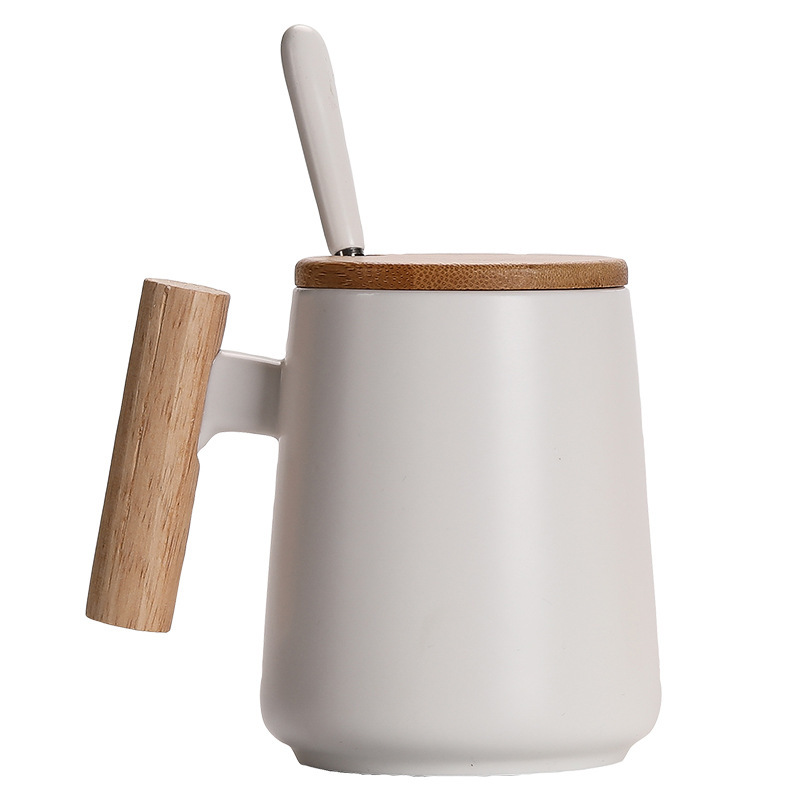 Wooden Handle Ceramic Cup Foreign Trade Mug Gift Box Coffee Cup Couple's Cups Office Water Glass with Cover Spoon