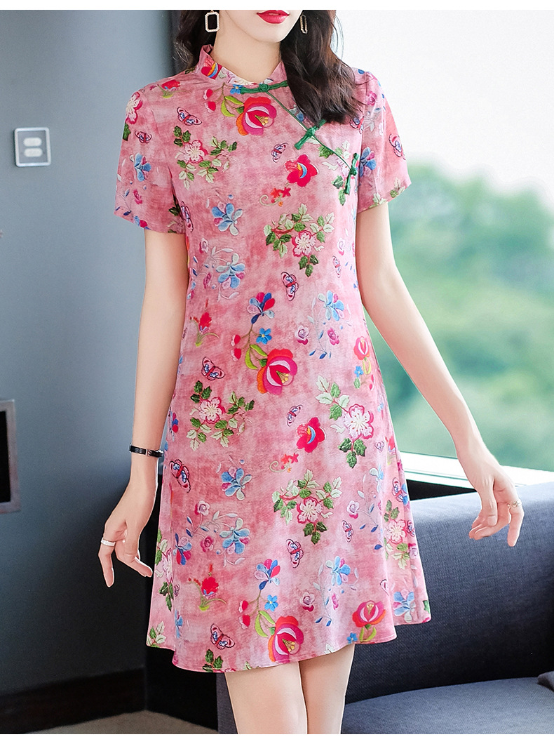 2022春季新款女装桑蚕丝粉色中国风改良旗袍印花真丝连衣裙69090