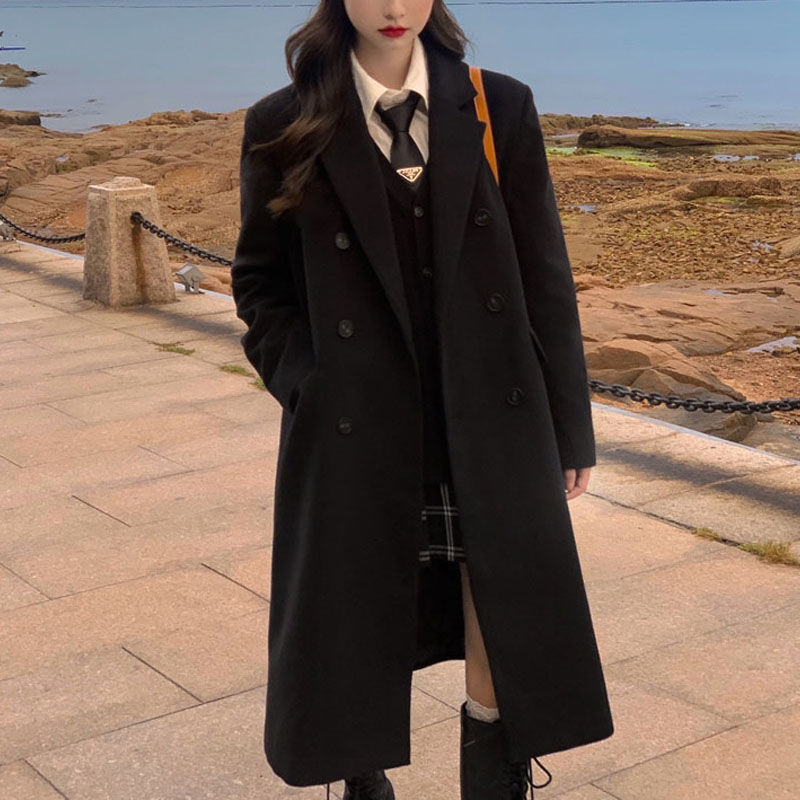 正肩大衣黑色毛呢女中长款2022年冬季新款韩版赫本风加厚呢子外套