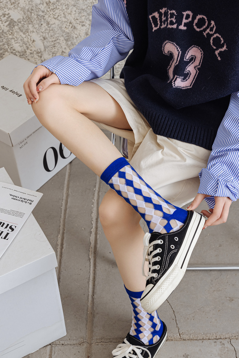 菱形格卡丝袜子女士中筒透明水晶丝袜春夏薄款ins潮日系女袜长筒