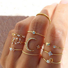 跨境星月戒指镶钻爱心珍珠树叶10件套戒指创意复古女性关节戒指