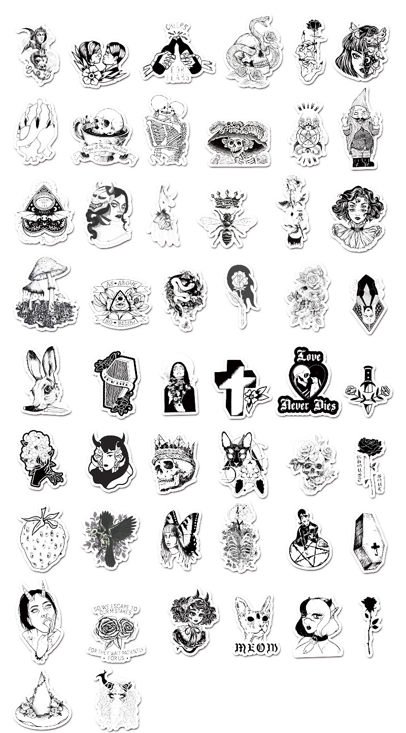 50张黑白哥特朋克风涂鸦贴纸 个性diy行李箱箱笔记本滑板贴纸贴画