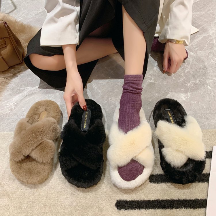 网红厚底交叉毛毛鞋女鞋子外穿2023年新款秋冬季家居毛绒绒棉拖鞋