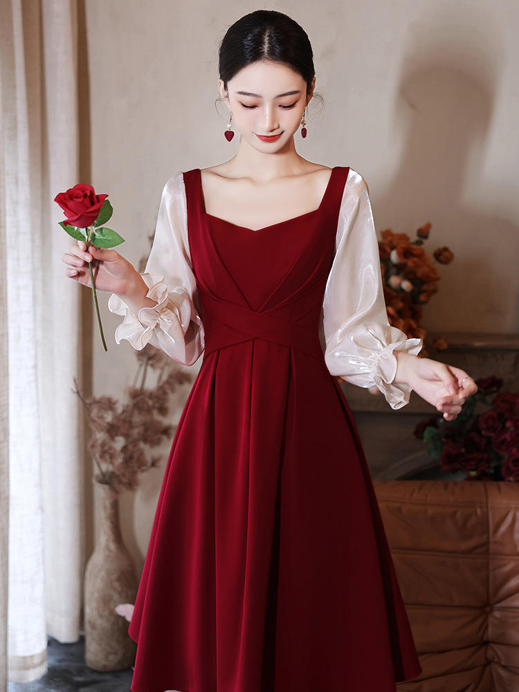 敬酒服新娘平时可穿小个子订婚连衣裙红色回门礼服女显瘦法式长袖