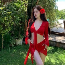 新款中国红泳衣女四件套蕾丝显瘦性感温泉沙滩仙女披纱比基尼泳衣