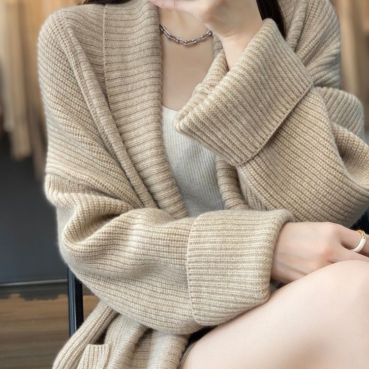 韩国chic加大码300斤秋冬慵懒风针织衫外套女中长款外搭风衣开衫