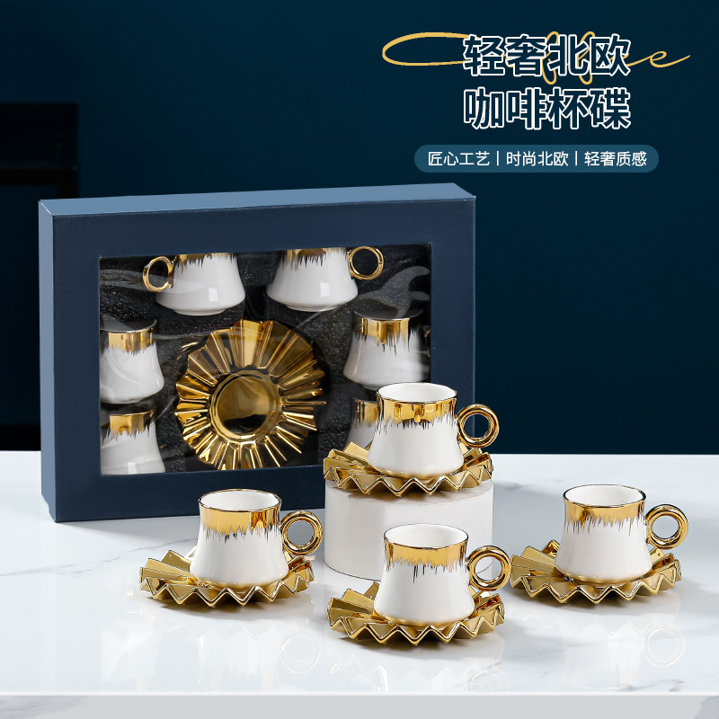 Foreign Trade Cross-Border Gold-Plated Ceramic Cup Coffee Set Set Hotel Supplies Mug Small Teacup Creative Gift