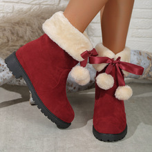 秋冬新款套脚雪地靴圣诞毛球红色纯色棉靴外贸大码现货加绒短筒靴