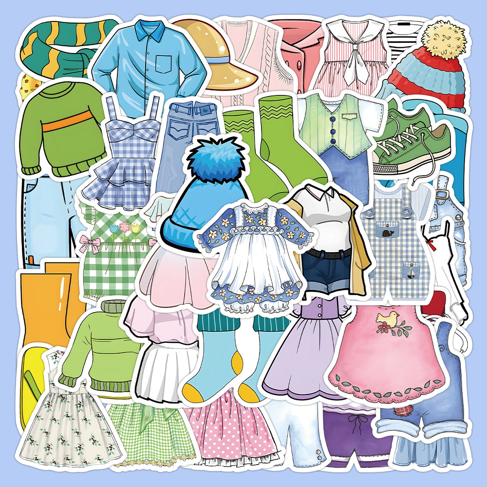 64张服饰贴纸卡通可爱衣服换装手账素材连衣裙外套小物件手帐贴画
