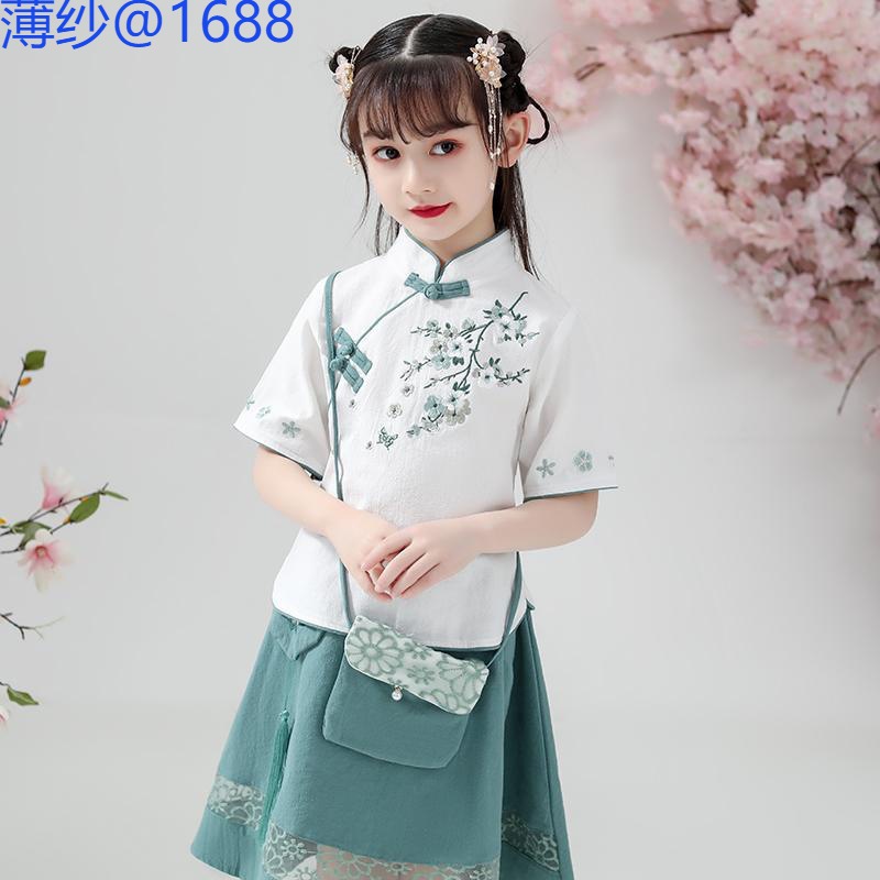 女童汉服儿童古装2022新款中国风棉麻短袖12岁女孩套装夏季旗袍裙