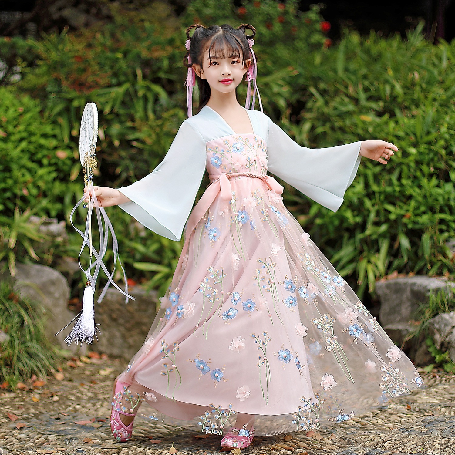 春夏长袖汉服超仙蓝碎花长款女童礼服洋气小女孩公主裙古装连衣裙