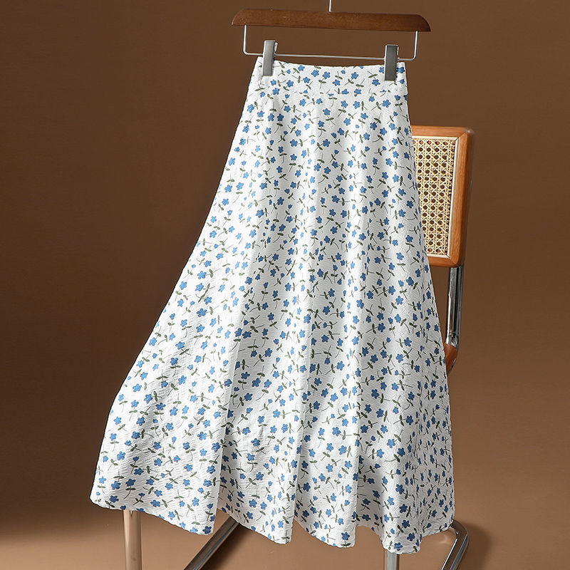 【有内里】新款高腰显瘦日系清新印花中长款大摆a字裙半身裙子夏