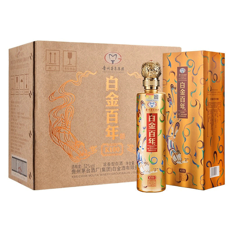白金酒 白金百年k100 婚宴喜庆白酒 52度浓香型 500ml整箱装