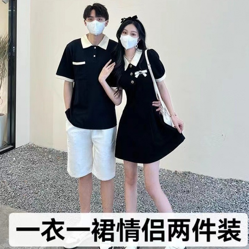 小众情侣装一衣一裙领恤高级感连衣裙小个子撞色赫本风裙子-阿里巴巴