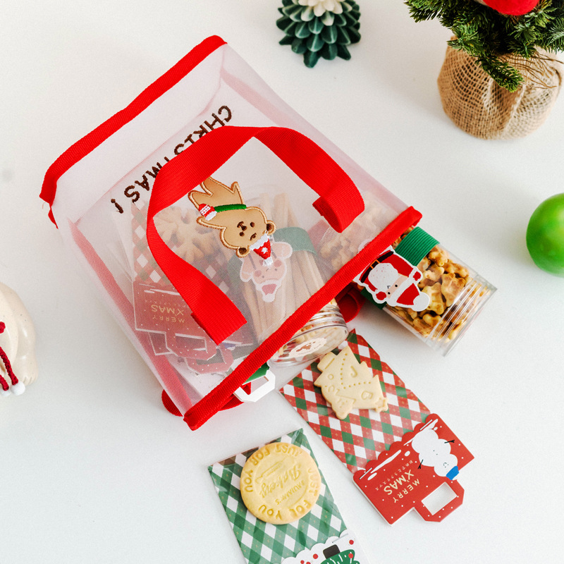 新款创意圣诞节手提包装袋子马卡龙甜点饼干糯米船糖果网纱包