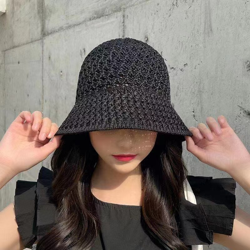 Hat New Bucket Hat Solid Color Hat Summer Japanese Hollow Sun-Proof Wide Brim Woven Straw Hat Small Edge Bucket Hat Women