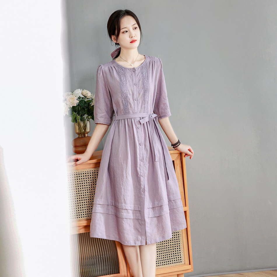 2022秋新款棉麻女装 亚麻中袖长款系带连衣裙 文艺范长裙