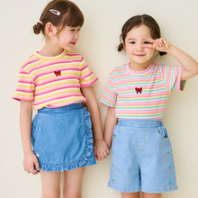 韩国童装2024夏季女童短袖T恤彩虹条纹可爱蝴蝶结刺绣圆领套头衫