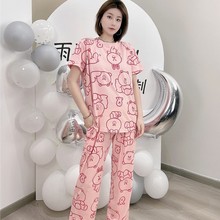 睡衣女夏季加肥加大码棉质套头短袖长裤可爱卡通圆领家居服套装女