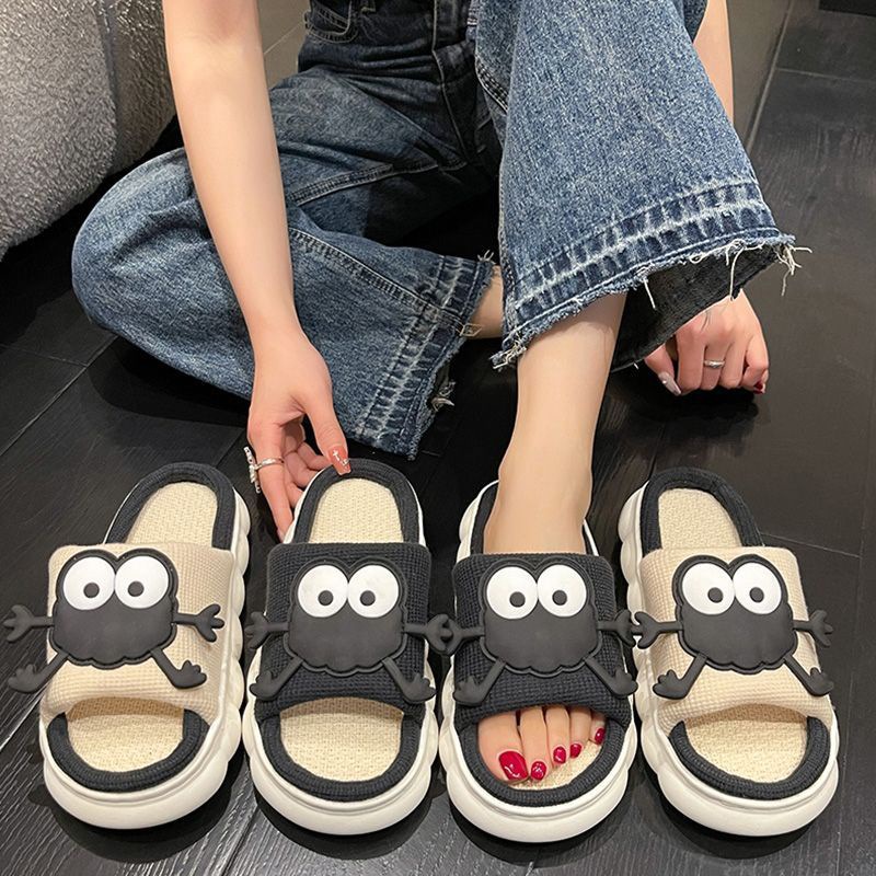 customized cartoon linen slippers four seasons couple household non-slip anti-sweat mute thick bottom cotton linen slippers factory wholesale