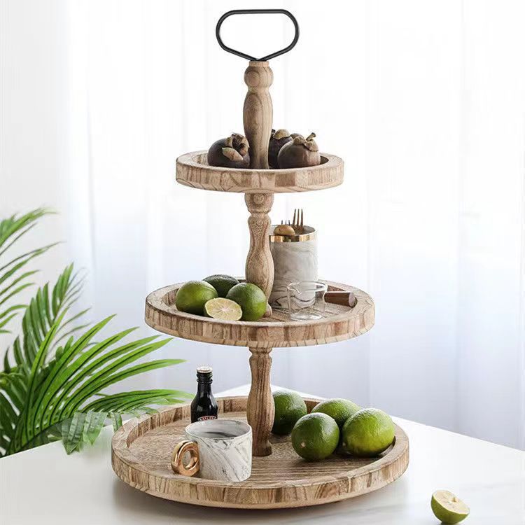 Cross-Border Wooden Tray Dessert Stand Double-Layer Three-Layer Paulownia Wood Cake Plate Decoration Tray Display Stand