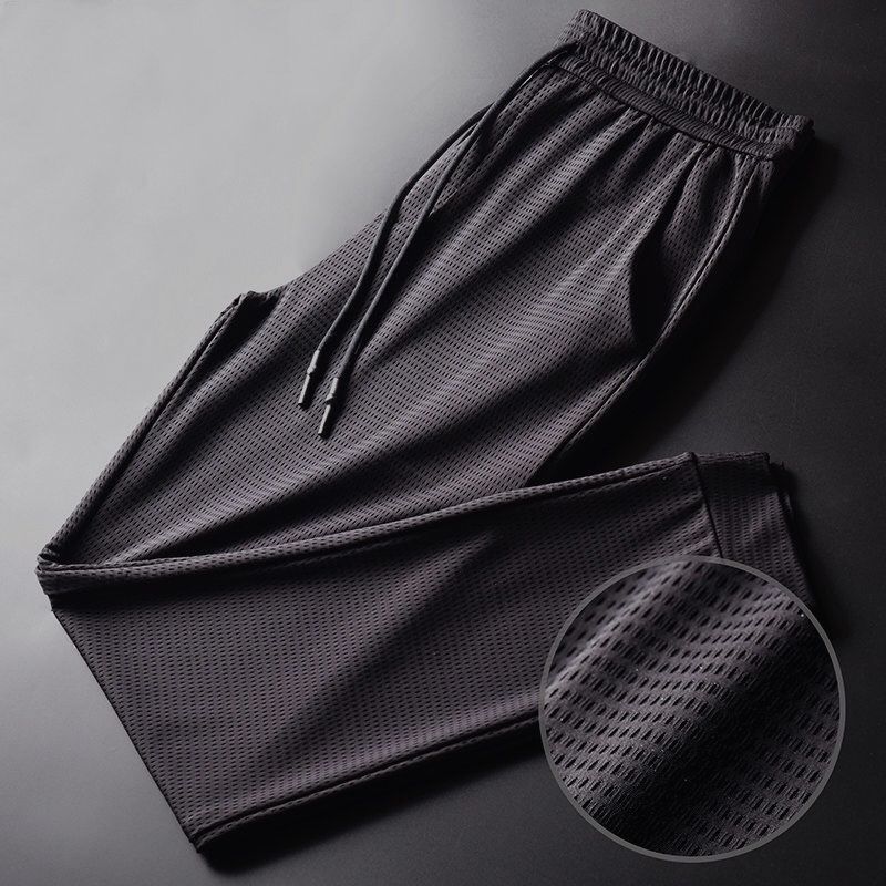 Summer Mesh Ice Silk Elastic Pants Men's Air Conditioning Casual Thin Sports Korean Style Student plus Size Slim-Fit Ankle-Tied Pants