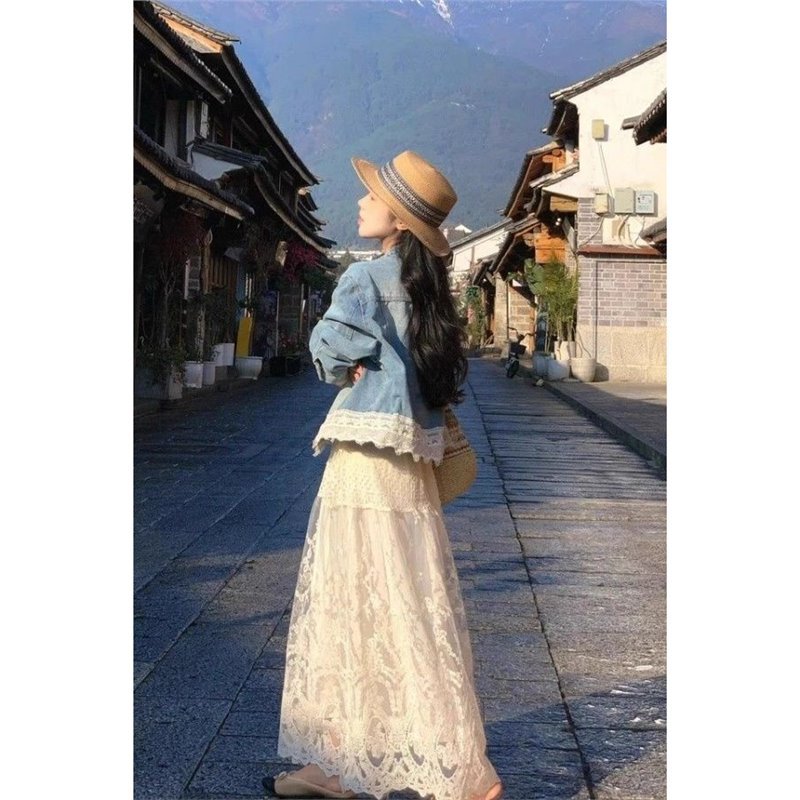 秋季搭配套装裙女清新韩系减龄旅游度假牛仔外套蕾丝半身裙子