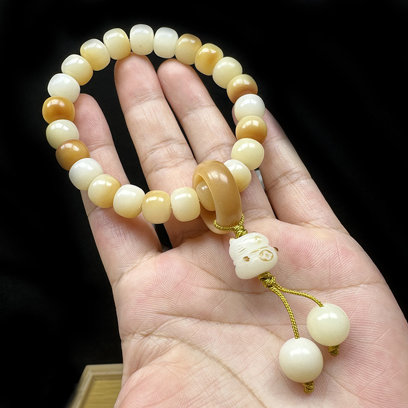 白玉菩提根碳烤桶珠手串绕指柔跑环单圈手持招财猫手链-阿里巴巴