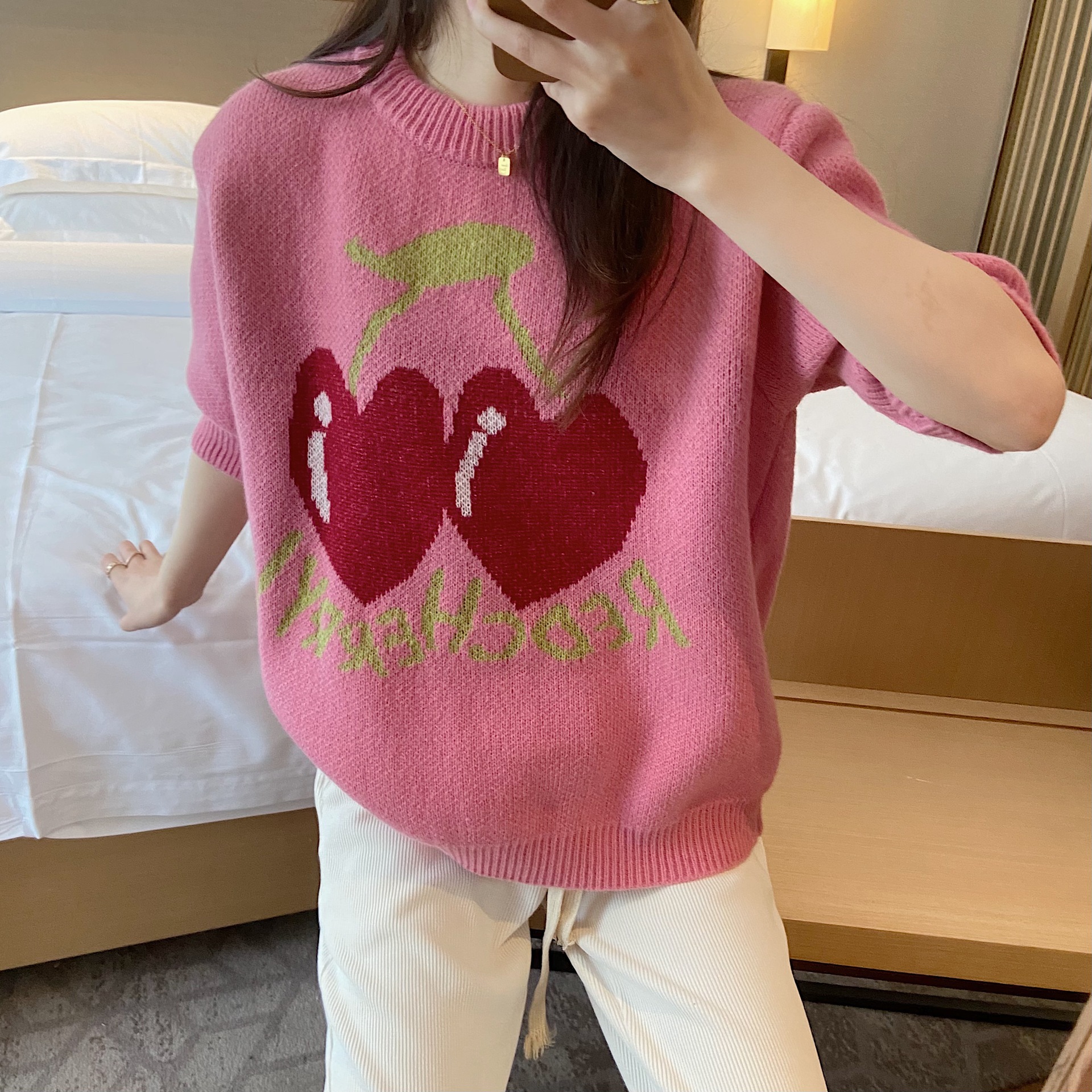 22年春季新款韩版粉色樱桃短袖t恤女宽松百搭圆领套头针织毛衣