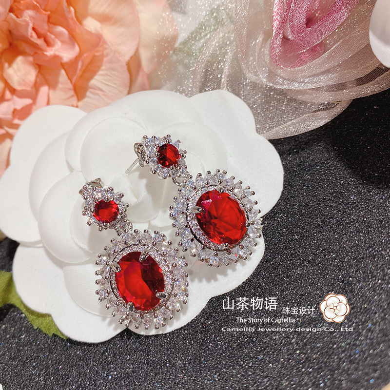 山茶璀璨发光鸽血红宝石耳钉 镀18k金满钻贵气超大克拉花卉耳饰女