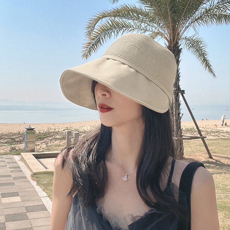 Straw Knitted Peaked Cap Topless Hat Women's Beach Sun Protection Sun-Proof Uv-Proof Sun Hat Straw Hat Summer Face-Covering Women's