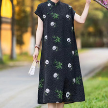 2024夏季小熊猫刺绣立领长裙文艺中式女士短袖袖丝麻连衣裙