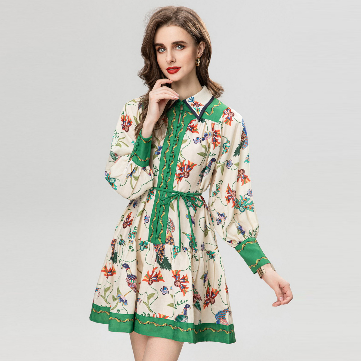 棉麻宽松裙子2024春季新款翻领长袖花鸟印花时尚连衣裙女 dress