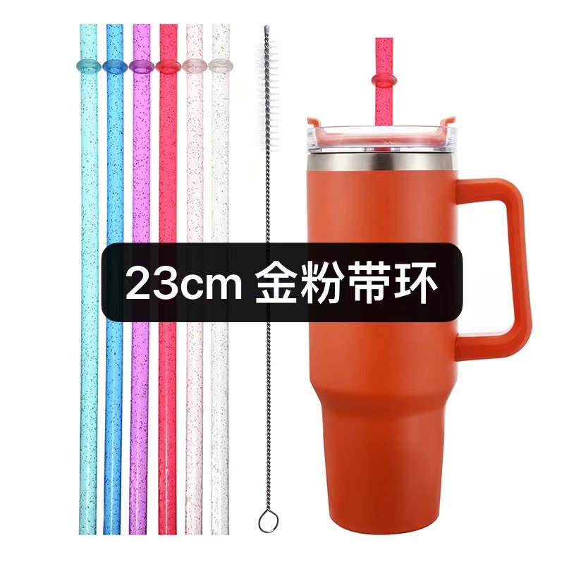 in stock thickened hard straw gold powder color straw with ring plastic reusable double-layer cup straw with brush